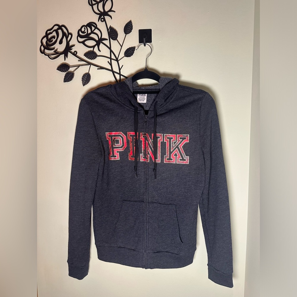 Pink Victoria's Secret Full Zip Grey Red Plaid Jacket Womens Small - Picture 2 of 6